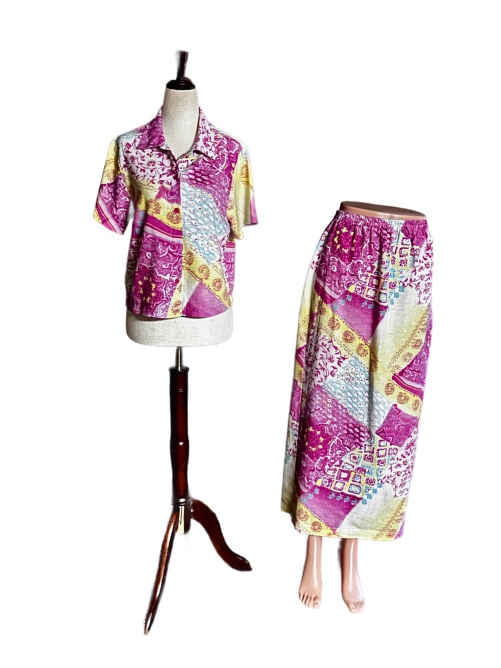 Cactus Flower ~ Medium ~ Vtg ~ USA ~ Pink & Yellow ~ Floral ~ 2 Piece Dress